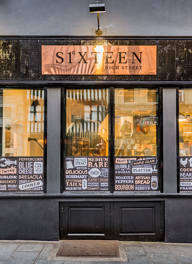 Sixteen High Street | Branding, Menu Design, Signage | Ampersam Studio | Graphic Designer, Cardiff